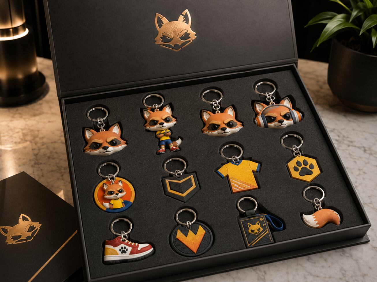 Chaveiros 3D personalizados com mascote da marca em caixa premium