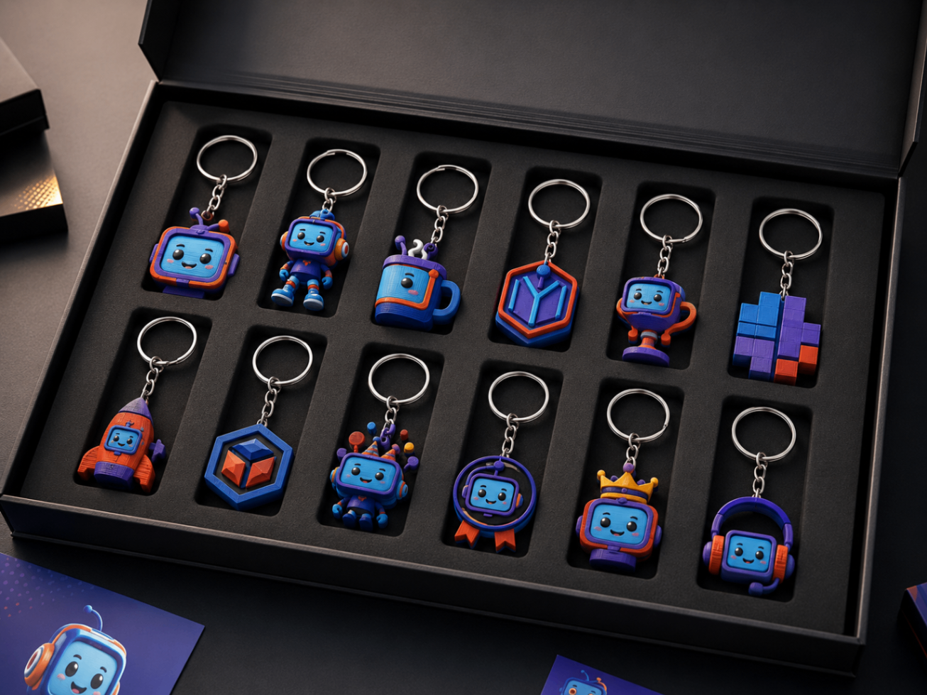 Chaveiros 3D personalizados com identidade de marca em caixa premium