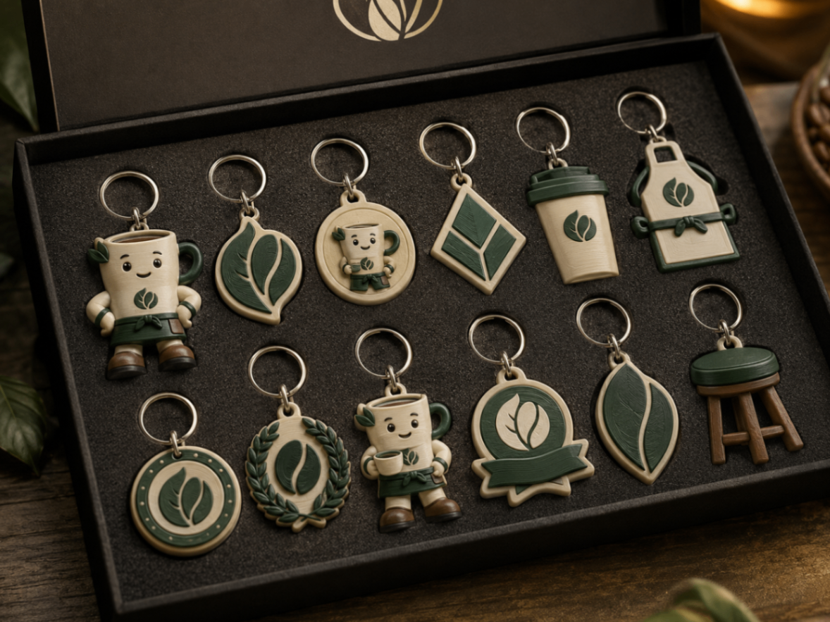 Chaveiros 3D personalizados com temática de café em caixa premium