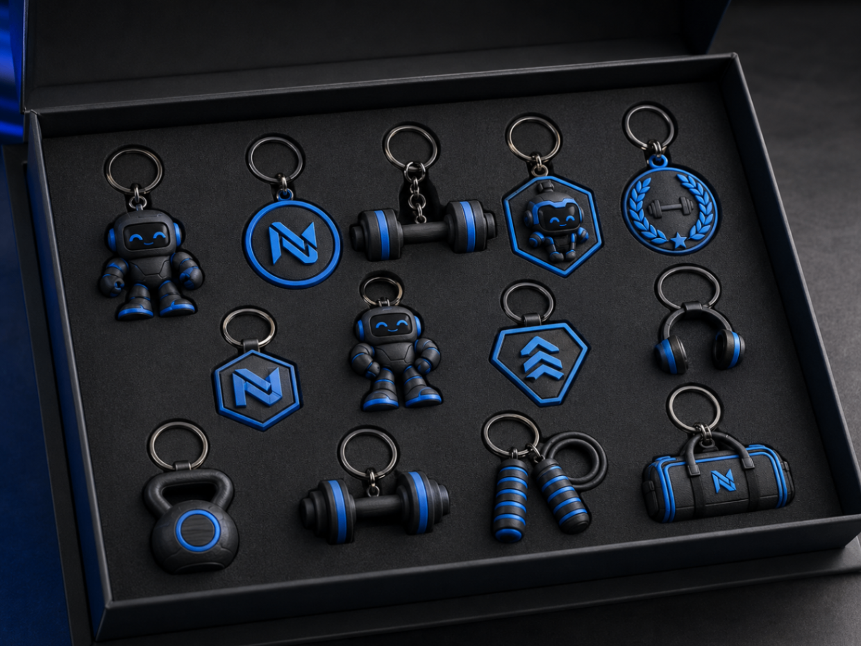 Chaveiros 3D personalizados com identidade fitness em caixa premium