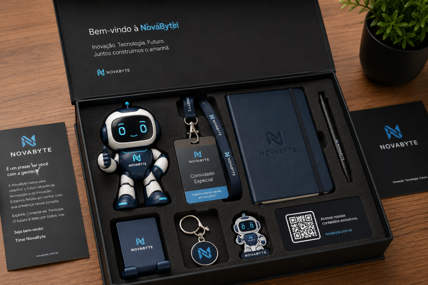 Kit corporativo personalizado em impressão 3D com mascote, caderno e cartões